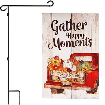 G128 Combo Set: Garden Flag Stand 1 pk AND Gather Happy Moments Flower Truck 12"x18" 1 pk
