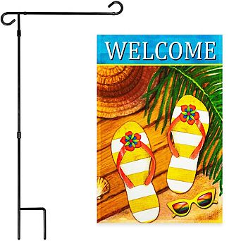 G128 Combo Set: Garden Flag Stand 1 pk AND Welcome Summer Sandals & Sunglasses 12"x18" 1 pk