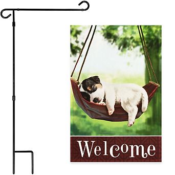 G128 Combo Set: Garden Flag Stand 1 pk AND Welcome Sleeping Puppy 12"x18" 1 pk