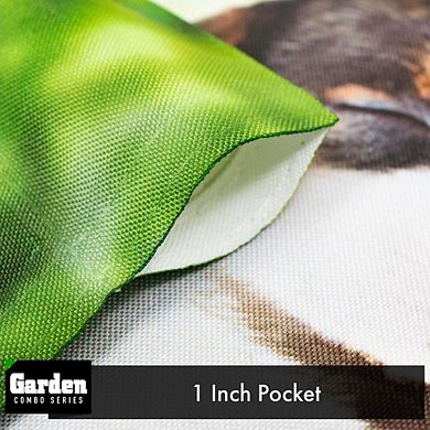 G128 Combo Set: Garden Flag Stand 1PK AND Welcome Sleeping Puppy 12"x18" 1PK