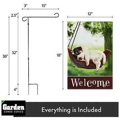 G128 Combo Set: Garden Flag Stand 1PK AND Welcome Sleeping Puppy 12"x18" 1PK