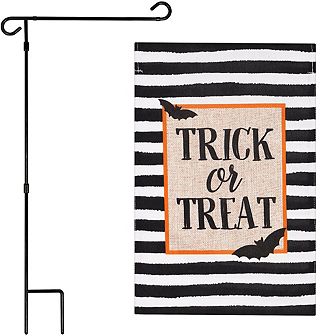 G128 Combo Set: Garden Flag Stand 1 pk AND Trick or Treat Bats and Black and White Stripes 12"x18" Burlap 1 pk