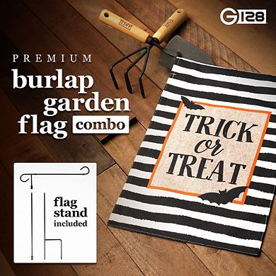 G128 Combo Set: Garden Flag Stand 1PK AND Trick or Treat Bats and Black and White Stripes 12"x18" Burlap 1PK