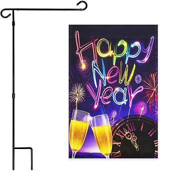 G128 Combo Set: Garden Flag Stand 1 pk AND Happy New Year Fireworks and Champagne 12"x18" 1 pk