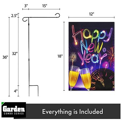 G128 Combo Set: Garden Flag Stand 1PK AND Happy New Year Fireworks and Champagne 12"x18" 1PK