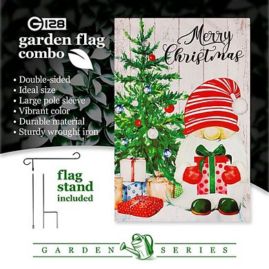 G128 Combo Set: Garden Flag Stand 1PK AND Merry Christmas Santa Gnome with Present 12"x18" Blockout 1PK