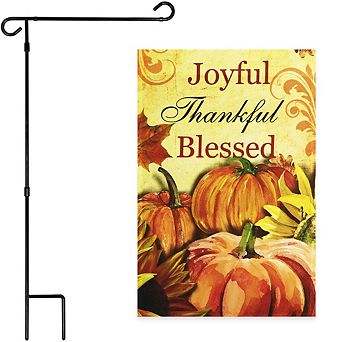 G128 Combo Set: Garden Flag Stand 1 pk AND Joyful Thankful Blessed 3 Pumpkins 12"x18" 1 pk
