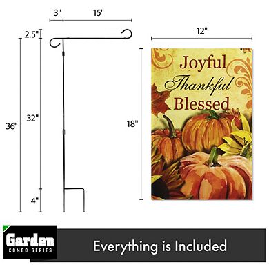 G128 Combo Set: Garden Flag Stand 1PK AND Joyful Thankful Blessed 3 Pumpkins 12"x18" 1PK