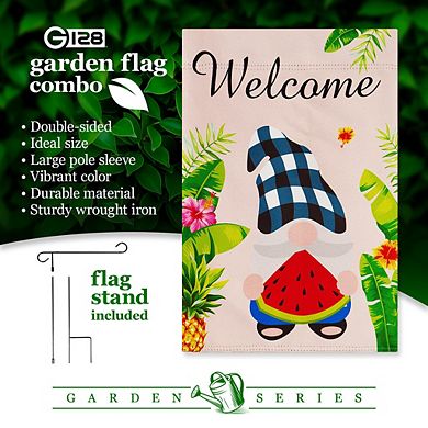 G128 Combo Set: Garden Flag Stand 1PK AND Welcome Gnome with Watermelon Slice 12"x18" Blockout 1PK