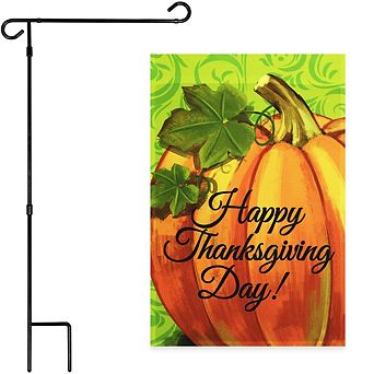 G128 Combo Set: Garden Flag Stand 1 pk AND Happy Thanksgiving Pumpkin Green BG 12"x18" 1 pk