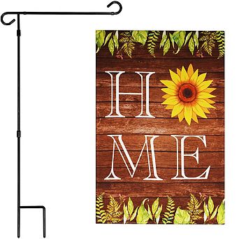 G128 Combo Set: Garden Flag Stand 1 pk AND Home Sunflower on Rustic Wood 12"x18" 1 pk