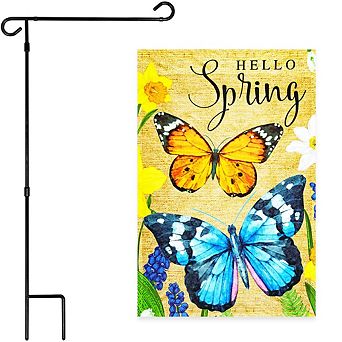 G128 Combo Set: Garden Flag Stand 1 pk AND Hello Spring Butterflies Flowers 12"x18" 1 pk