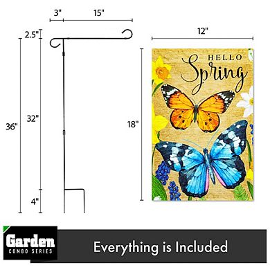 G128 Combo Set: Garden Flag Stand 1PK AND Hello Spring Butterflies Flowers 12"x18" 1PK