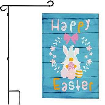 G128 Combo Set: Garden Flag Stand 1 pk AND Happy Easter Rabbit Gnome with Eggs 12"x18" Blockout 1 pk