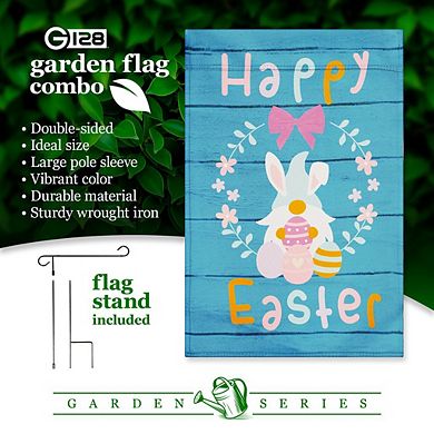 G128 Combo Set: Garden Flag Stand 1PK AND Happy Easter Rabbit Gnome with Eggs 12"x18" Blockout 1PK