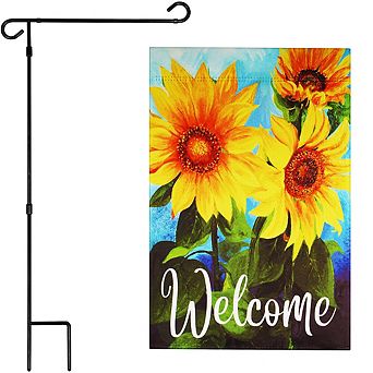 G128 Combo Set: Garden Flag Stand 1 pk AND Welcome Sunflowers Blue Sky 12"x18" 1 pk