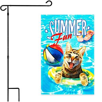 G128 Combo Set: Garden Flag Stand 1 pk AND Summer Fun with Cat in Pool 12"x18" 1 pk