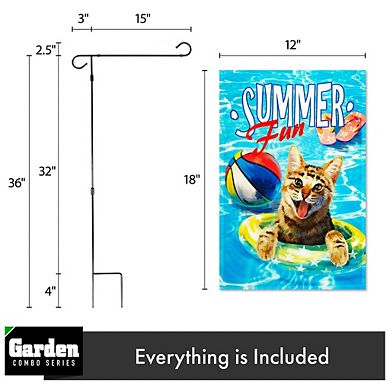 G128 Combo Set: Garden Flag Stand 1PK AND Summer Fun with Cat in Pool 12"x18" 1PK