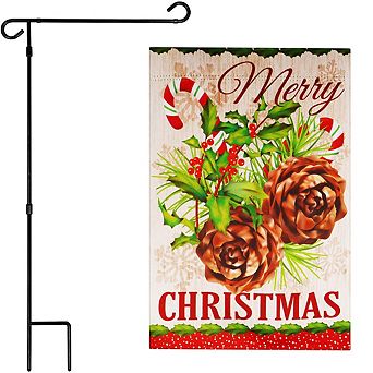 G128 Combo Set: Garden Flag Stand 1 pk AND Merry Christmas Pinecone Bouquet 12"x18" 1 pk