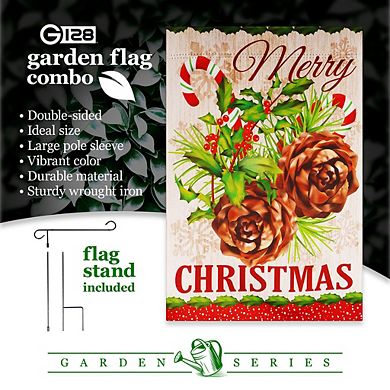 G128 Combo Set: Garden Flag Stand 1PK AND Merry Christmas Pinecone Bouquet 12"x18" 1PK
