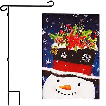 G128 Combo Set: Garden Flag Stand 1 pk AND Snowman with Festive Evergreen Top Hat 12"x18" 1 pk