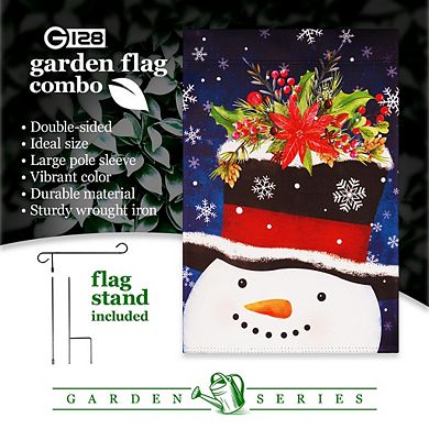 G128 Combo Set: Garden Flag Stand 1PK AND Snowman with Festive Evergreen Top Hat 12"x18" 1PK