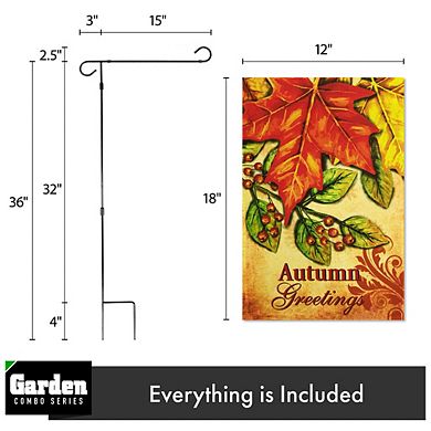 G128 Combo Set: Garden Flag Stand 1PK AND Autumn Greetings Large Maple Leaf 12"x18" 1PK