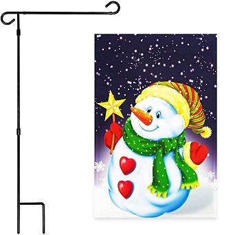 G128 Combo Set: Garden Flag Stand 1 pk AND Snowman with Star 12"x18" 1 pk
