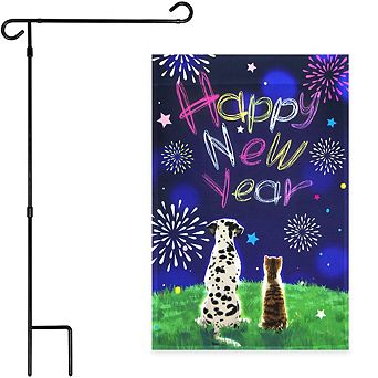 G128 Combo Set: Garden Flag Stand 1 pk AND Happy New Year Dog and Cat 12"x18" 1 pk