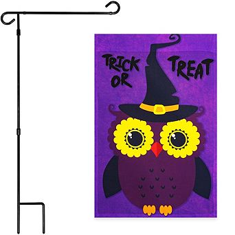 G128 Combo Set: Garden Flag Stand 1 pk AND Trick or Treat Owl Purple BG 12"x18" 1 pk