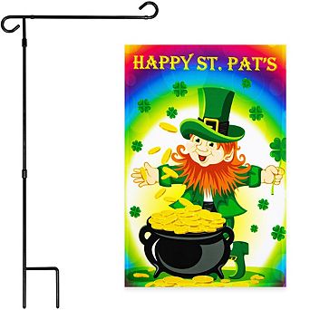G128 Combo Set: Garden Flag Stand 1 pk AND Happy St. Pat's Leprechaun with Pot of Gold 12"x18" 1 pk