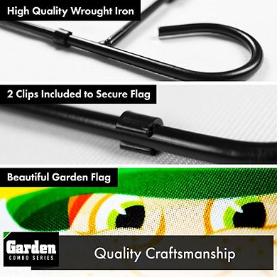 G128 Combo Set: Garden Flag Stand 1PK AND Happy St. Pat's Leprechaun with Pot of Gold 12"x18" 1PK