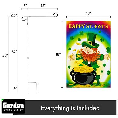 G128 Combo Set: Garden Flag Stand 1PK AND Happy St. Pat's Leprechaun with Pot of Gold 12"x18" 1PK