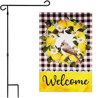 G128 Combo Set: Garden Flag Stand 1 pk AND Welcome Bird with Fruit Wreath 12"x18" 1 pk