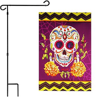 G128 Combo Set: Garden Flag Stand 1 pk AND Day of the Dead Sugar Skull 12"x18" 1 pk