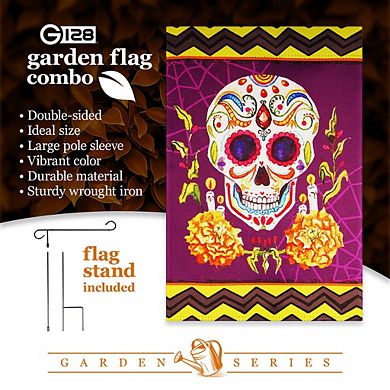 G128 Combo Set: Garden Flag Stand 1PK AND Day of the Dead Sugar Skull 12"x18" 1PK