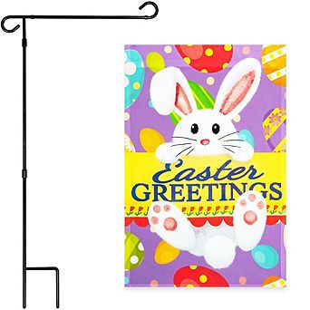 G128 Combo Set: Garden Flag Stand 1 pk AND Easter Greetings with White Bunny & Eggs 12"x18" 1 pk