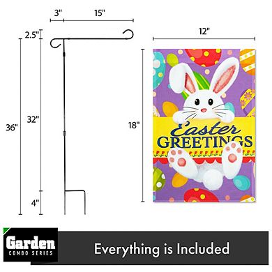 G128 Combo Set: Garden Flag Stand 1PK AND Easter Greetings with White Bunny & Eggs 12"x18" 1PK