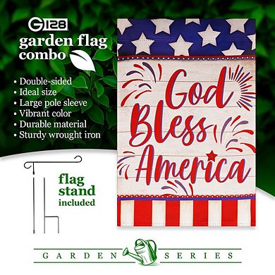 G128 Combo Set: Garden Flag Stand 1PK AND God Bless America Flag Accent 12"x18" 1PK