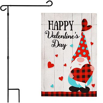 G128 Combo Set: Garden Flag Stand 1 pk AND Happy Vday Gnome Holding Plaid Heart 12"x18" Blockout 1 pk