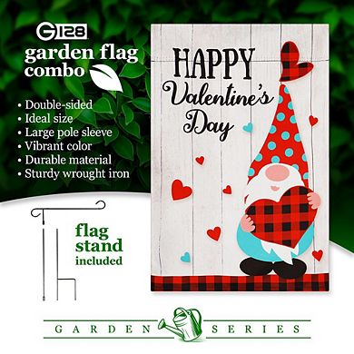 G128 Combo Set: Garden Flag Stand 1PK AND Happy Vday Gnome Holding Plaid Heart 12"x18" Blockout 1PK