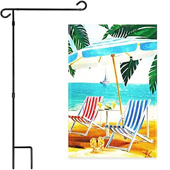 G128 Combo Set: Garden Flag Stand 1 pk AND Beach Summer with Chairs & Umbrella 12"x18" 1 pk