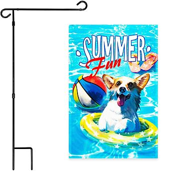 G128 Combo Set: Garden Flag Stand 1 pk AND Summer Fun with Dog in Pool 12"x18" 1 pk