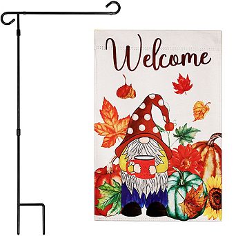 G128 Combo Set: Garden Flag Stand 1 pk AND Welcome Gnome with Coffee at Harvest 12"x18" Blockout 1 pk