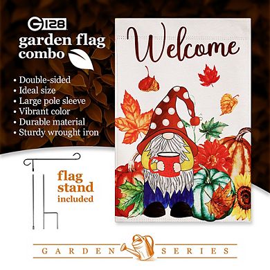 G128 Combo Set: Garden Flag Stand 1PK AND Welcome Gnome with Coffee at Harvest 12"x18" Blockout 1PK