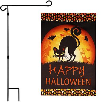 G128 Combo Set: Garden Flag Stand 1 pk AND Happy Halloween Black Cat and Ghosts 12"x18" 1 pk