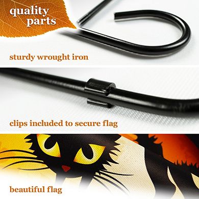 G128 Combo Set: Garden Flag Stand 1PK AND Happy Halloween Black Cat and Ghosts 12"x18" 1PK