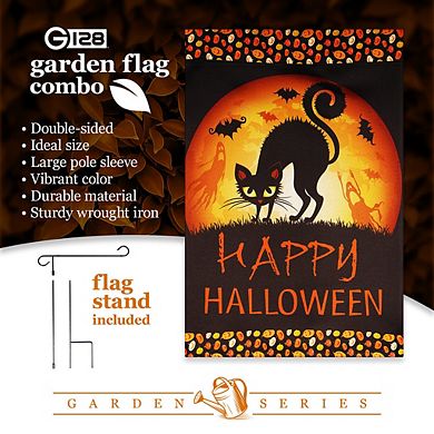 G128 Combo Set: Garden Flag Stand 1PK AND Happy Halloween Black Cat and Ghosts 12"x18" 1PK