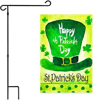 G128 Combo: Garden Flag Stand 1 pk AND Happy St. Patrick's Day Leprechaun Hat 12"x18"