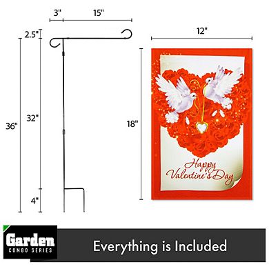 G128 Combo Set: Garden Flag Stand 1PK AND Happy Valentine's Day Doves 12"x18" 1PK